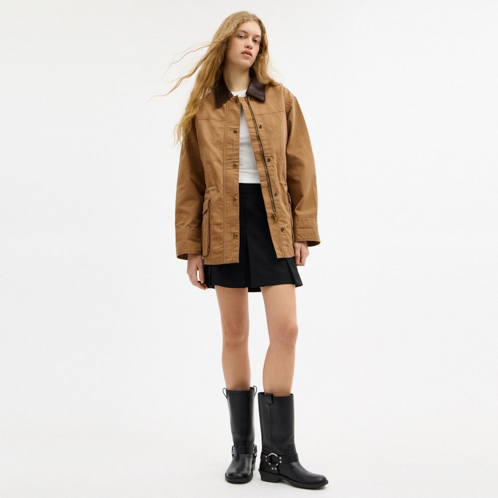 COACH®,Barn Jacket In Organic Cotton,Lining Recycled Polyester,Recycled Polyester,Lambskin,Viscose,Organic Cotton,Utility ...,Brown,Scale View