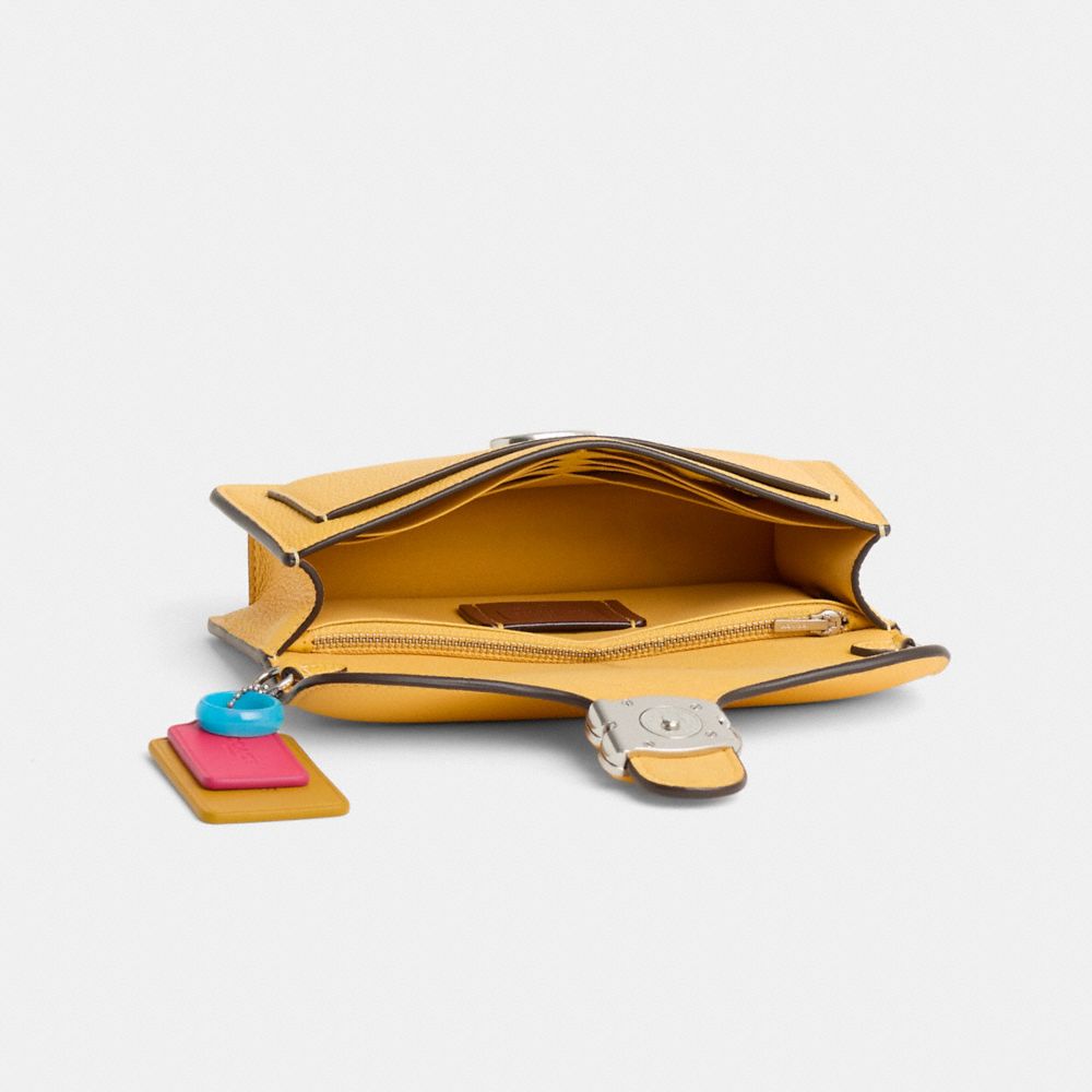 COACH®,Upcrafted Tabby Chain Clutch,Leather,Crossbody,Pattern,Logo,Metal,Casual,Mustard,Inside View,Top View