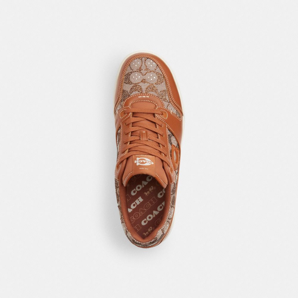 COACH®,Soho Sneaker With Crystal Signature Jacquard,Leather,Rubber,Casual,Crystal,Mixed Media,Logo,Rhinestones,Sustainable...,Brown,Inside View,Top View