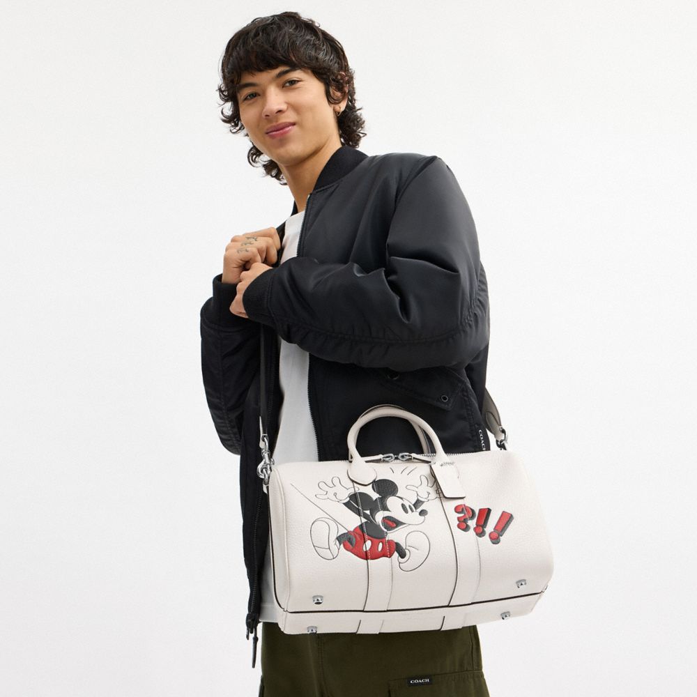 COACH®,Disney X Coach Compass Bag 35 With Mickey Mouse,Leather,Silver Metal,White,Detail View