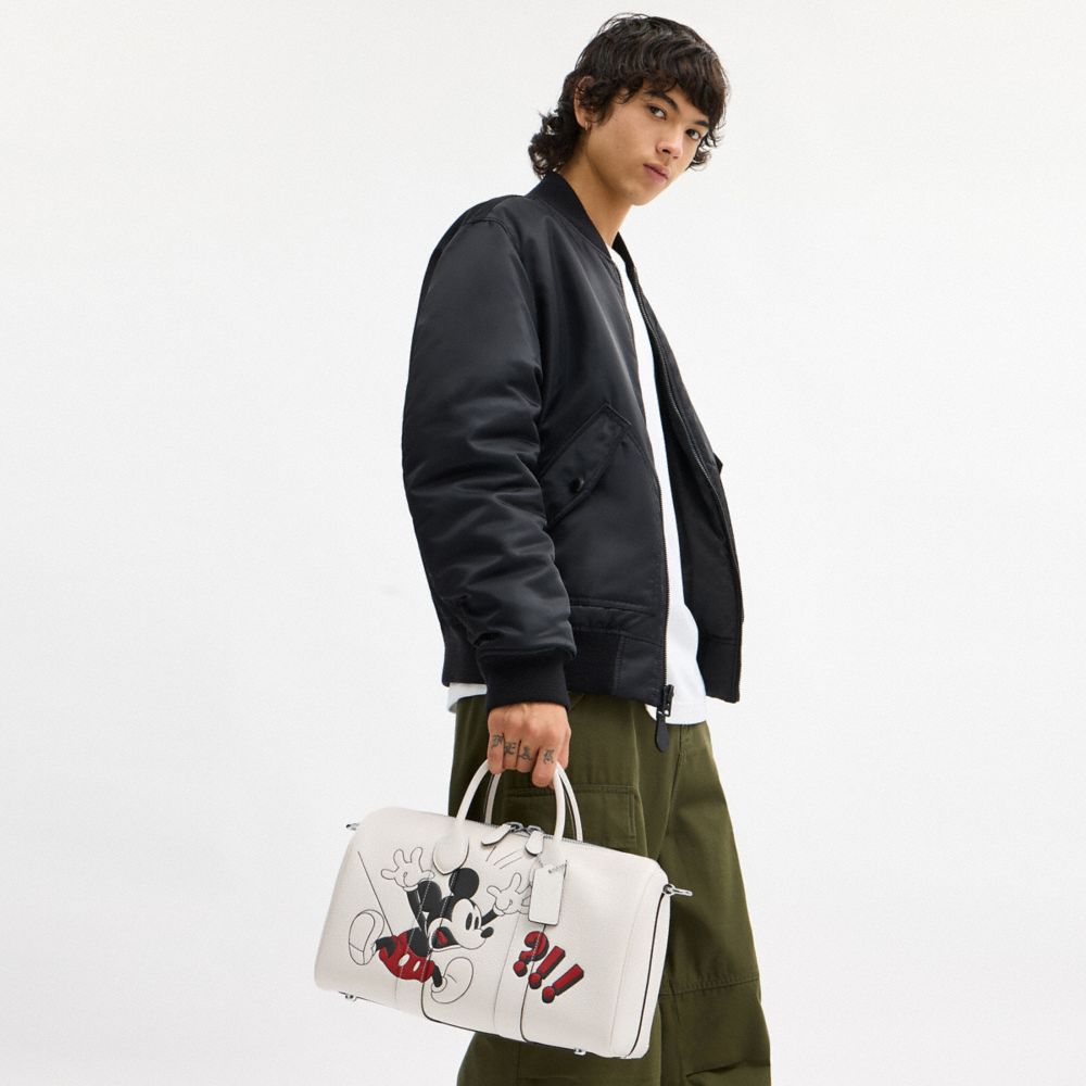 COACH®,Disney X Coach Compass Bag 35 With Mickey Mouse,Leather,Silver Metal,White,Detail View