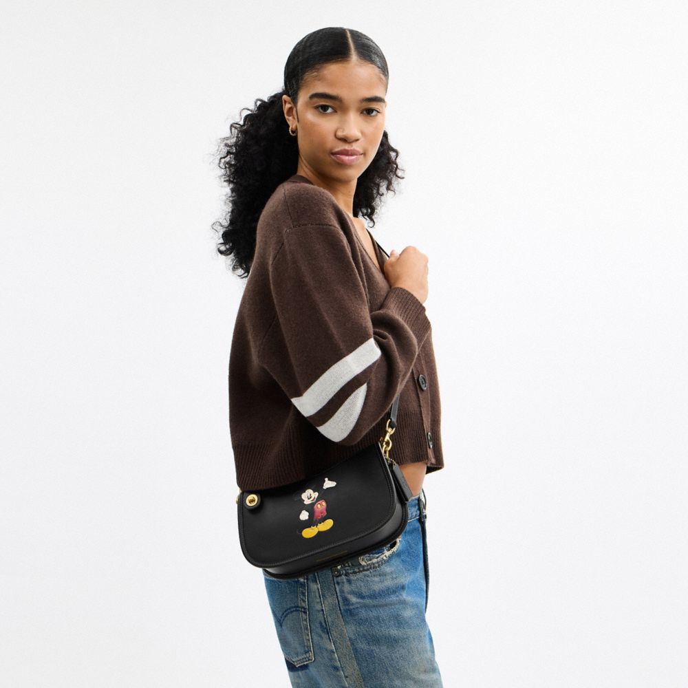 COACH®,Disney X Coach Swinger Bag With Mickey Mouse,Leather,Shoulder Bag,Adjustable,Breathable,Brass,Casual,Black
