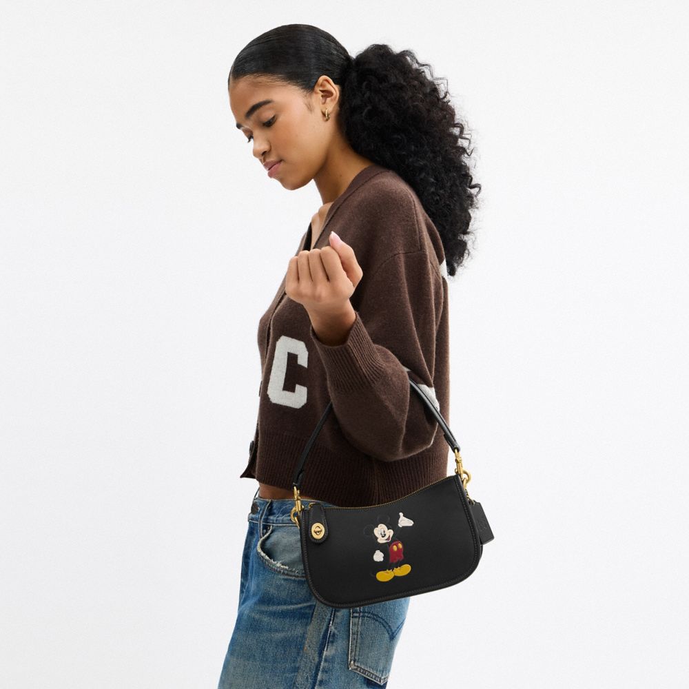 COACH®,Disney X Coach Swinger Bag With Mickey Mouse,Leather,Shoulder Bag,Adjustable,Breathable,Brass,Casual,Black,Detail View