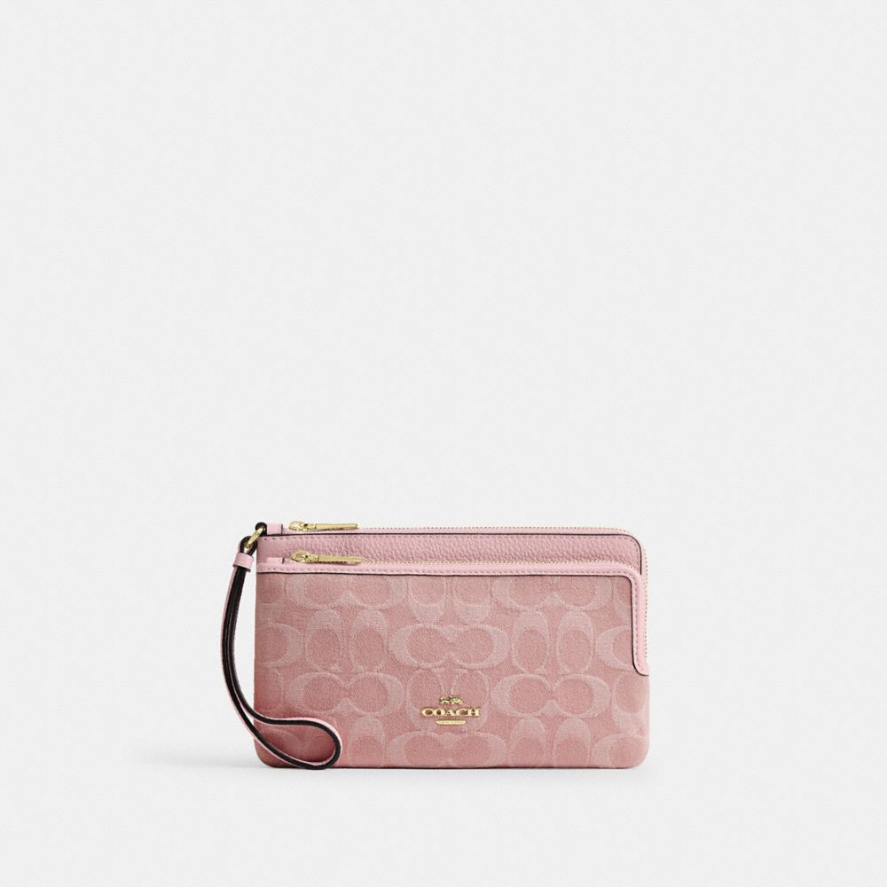 COACH®,Double Zip Wallet In Signature Denim,Leather,Cotton,Denim,Pouch,Wristlet,Metal,Logo,Casual,,Front View