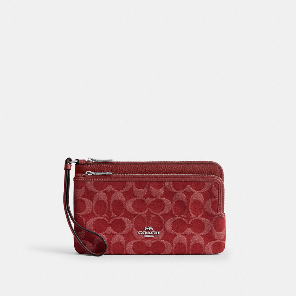 Coach Double Zip Wallet In Signature Denim In Red