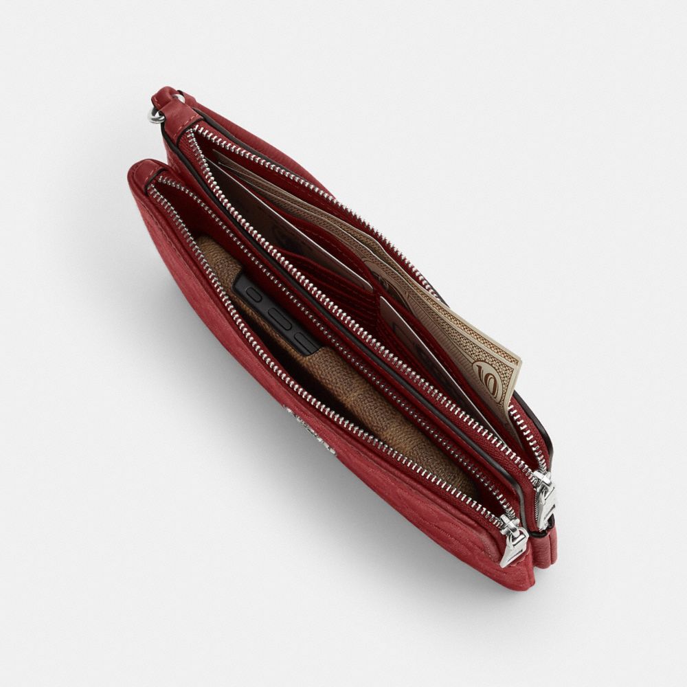 COACH®,Double Zip Wallet In Signature Denim,Leather,Cotton,Denim,Pouch,Wristlet,Metal,Logo,Casual,Red,Inside View,Top View