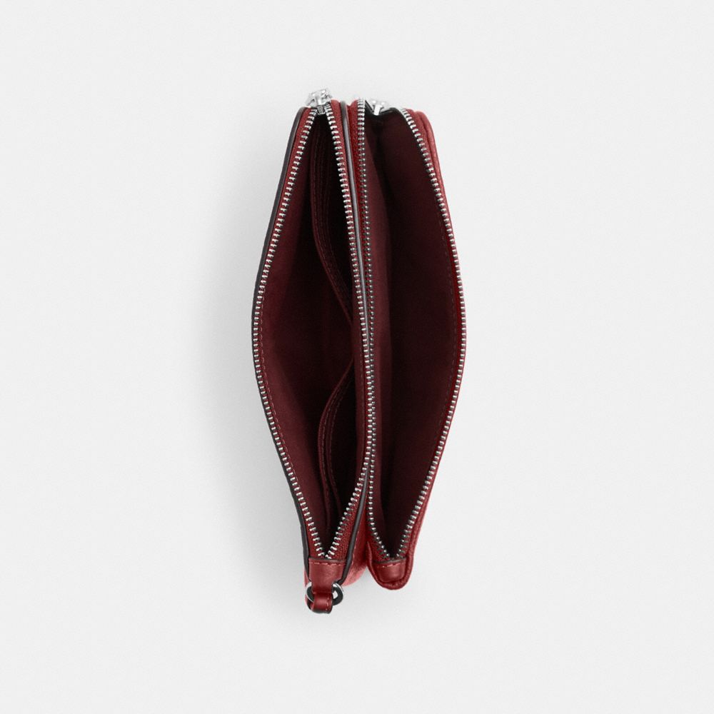 COACH®,Double Zip Wallet In Signature Denim,Leather,Cotton,Denim,Pouch,Wristlet,Metal,Logo,Casual,Red,Inside View,Top View