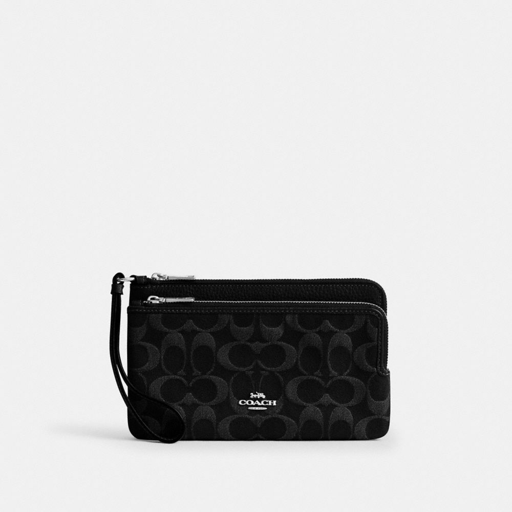 COACH®,Double Zip Wallet In Signature Denim,Leather,Cotton,Denim,Pouch,Wristlet,Metal,Logo,Casual,,Front View