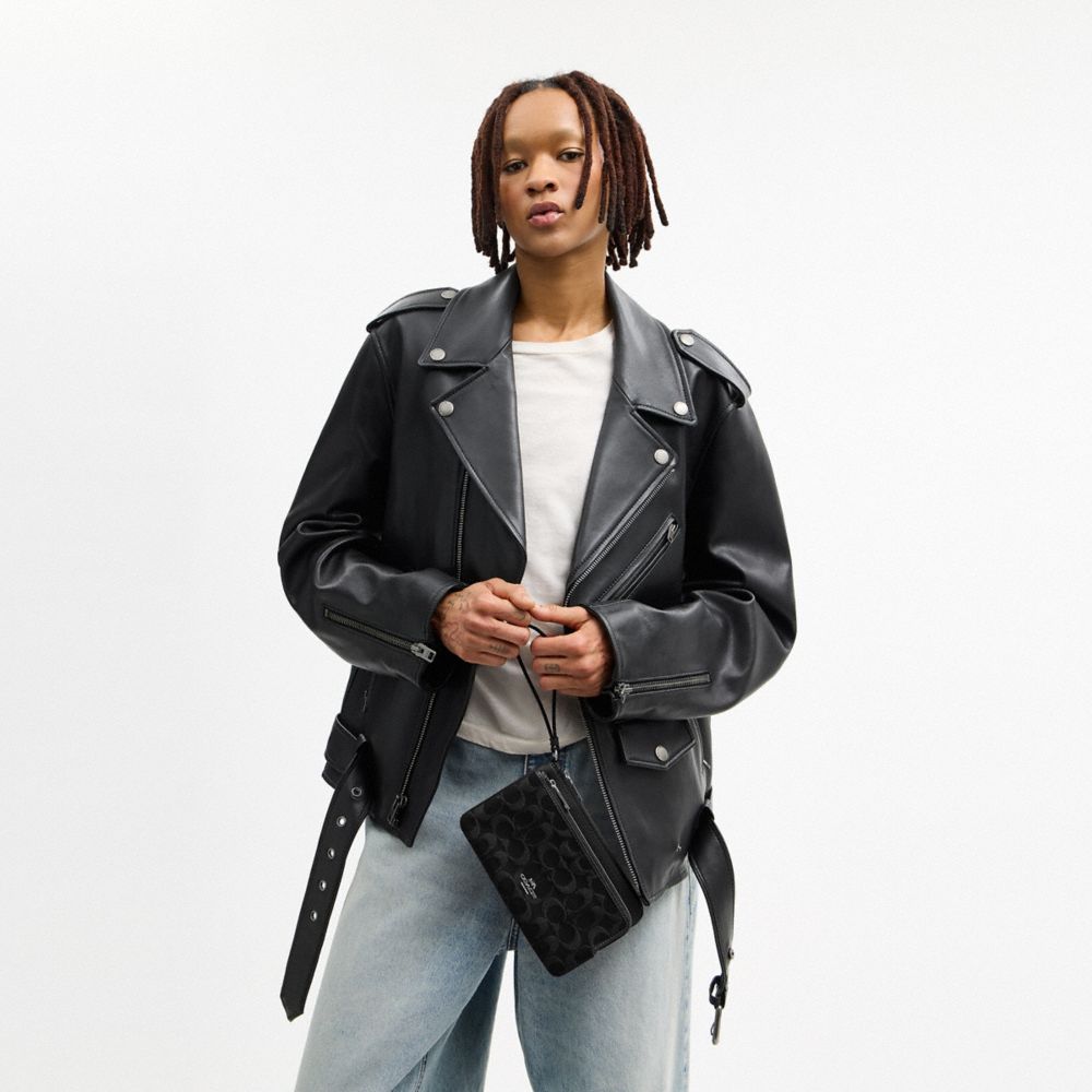 COACH®,Double Zip Wallet In Signature Denim,Leather,Cotton,Denim,Pouch,Wristlet,Metal,Logo,Casual,,Detail View