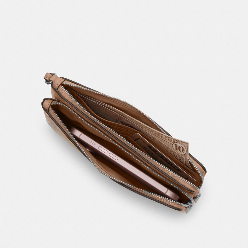 COACH®,Double Zip Wallet In Rainbow Signature Canvas,Canvas,Leather,Card Case,Wristlet,Logo,Metal,Piping,Scratch Resistant...,Beige,Inside View,Top View