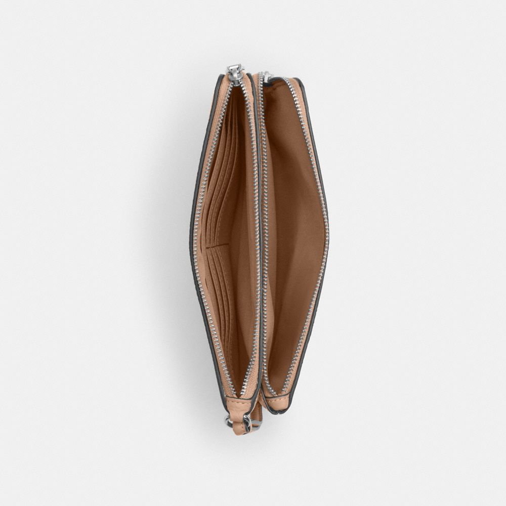 COACH®,Double Zip Wallet In Rainbow Signature Canvas,Canvas,Leather,Card Case,Wristlet,Logo,Metal,Piping,Scratch Resistant...,Beige,Inside View,Top View