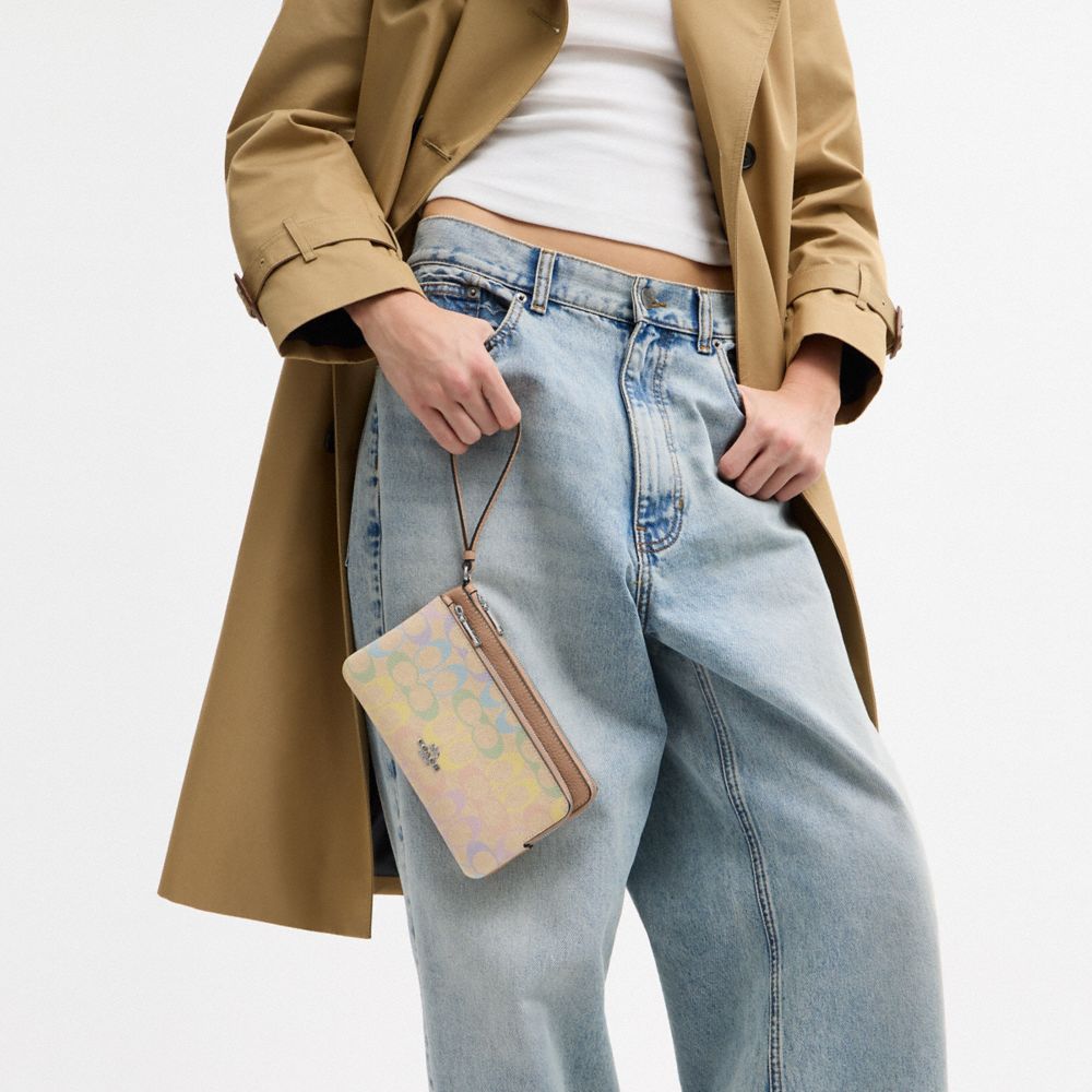 COACH®,Double Zip Wallet In Rainbow Signature Canvas,Canvas,Leather,Card Case,Wristlet,Logo,Metal,Piping,Scratch Resistant...,Beige,Detail View
