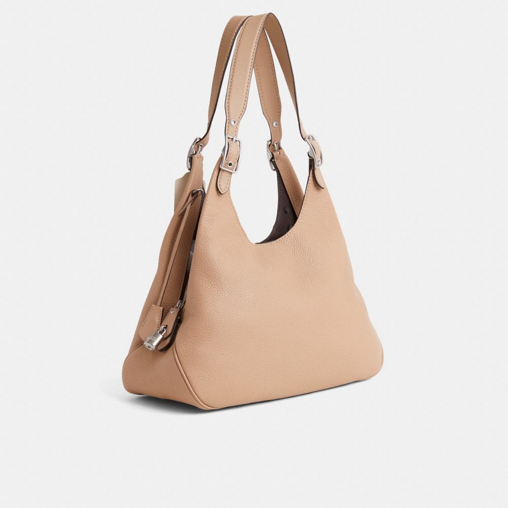 COACH®,Upcrafted Cass Shoulder Bag,Leather,Hobo,Embellished,Studded,Mixed Metal,Casual,Beige,Angle View