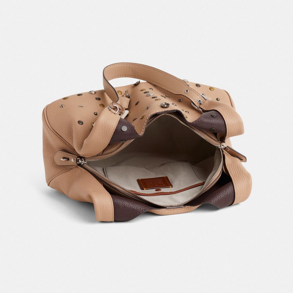 COACH®,Upcrafted Cass Shoulder Bag,Leather,Hobo,Embellished,Studded,Mixed Metal,Casual,Beige,Inside View,Top View