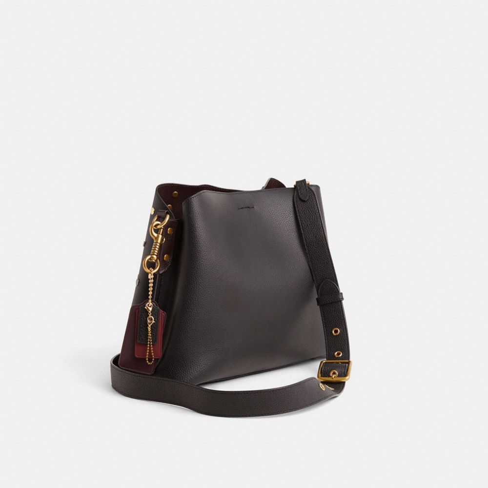 COACH®,Upcrafted Willow Shoulder Bag,Leather,Bucket,Embellished,Logo,Studded,Metal,Mixed Metal,Gold Metal,Silver Metal,Day...,Black,Angle View