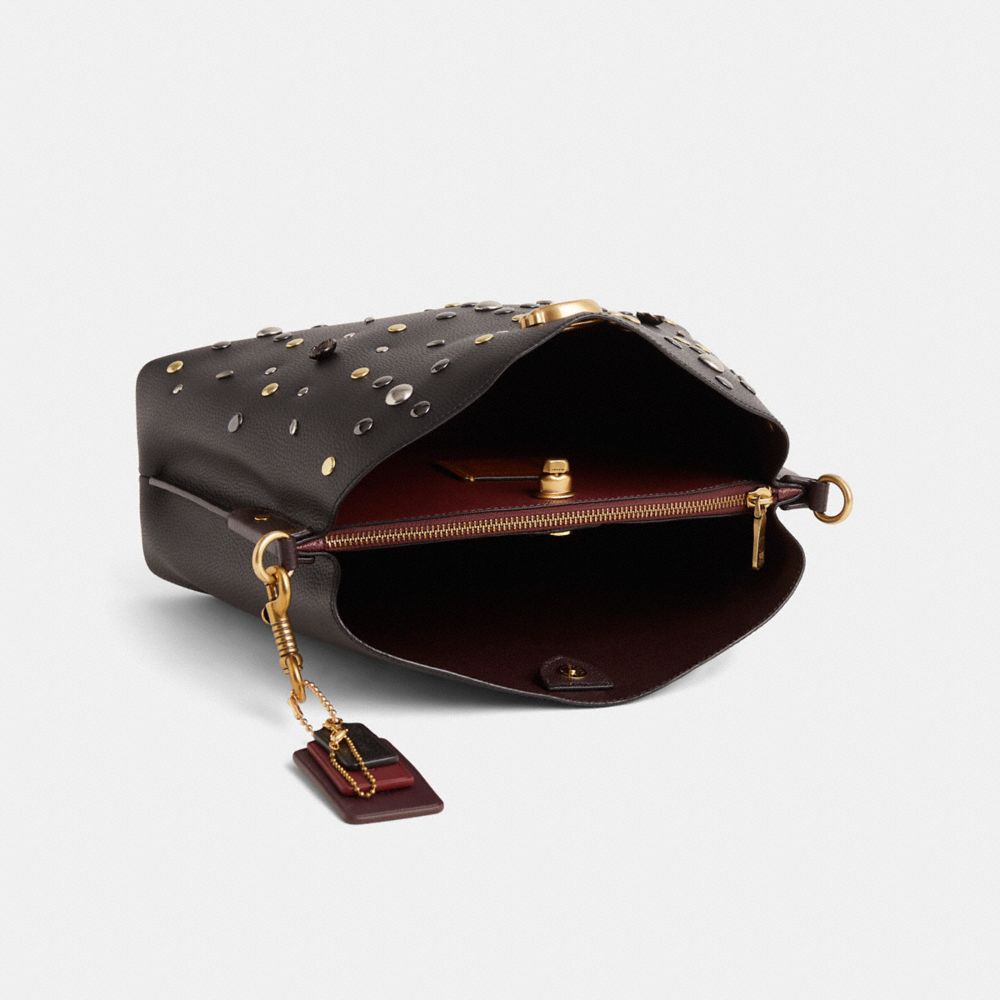 COACH®,Upcrafted Willow Shoulder Bag,Leather,Bucket,Embellished,Logo,Studded,Metal,Mixed Metal,Gold Metal,Silver Metal,Day...,Black,Inside View,Top View