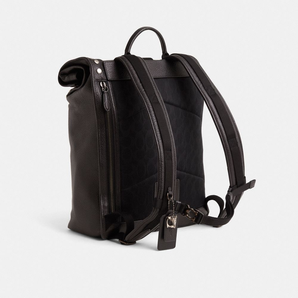 COACH®,Upcrafted Beck Roll Top Backpack,Leather,Backpack,Plastic,Logo,Metal,Studded,Adjustable,Gunmetal,Casual,Black,Angle View