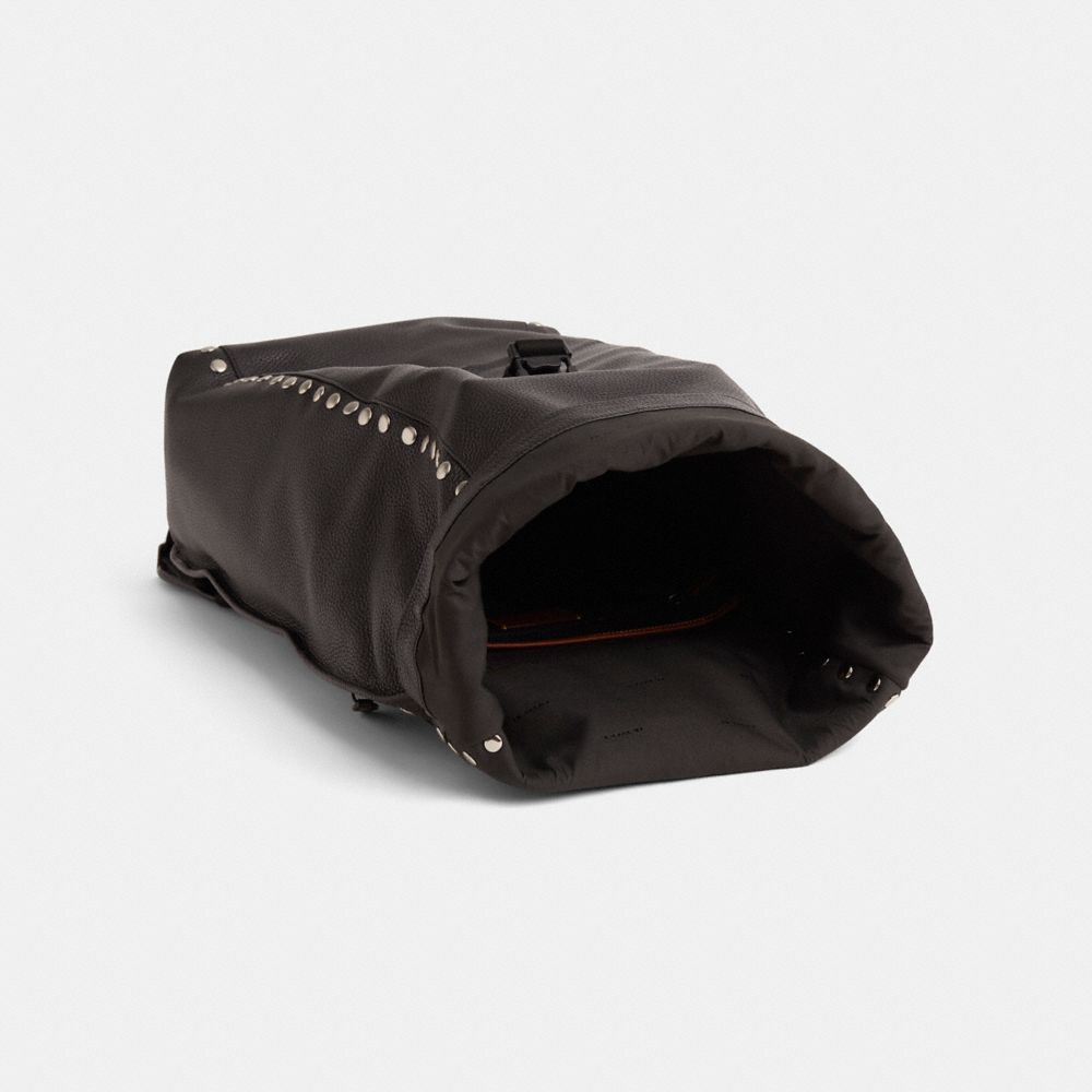 COACH®,Upcrafted Beck Roll Top Backpack,Leather,Backpack,Plastic,Logo,Metal,Studded,Adjustable,Gunmetal,Casual,Black,Inside View,Top View