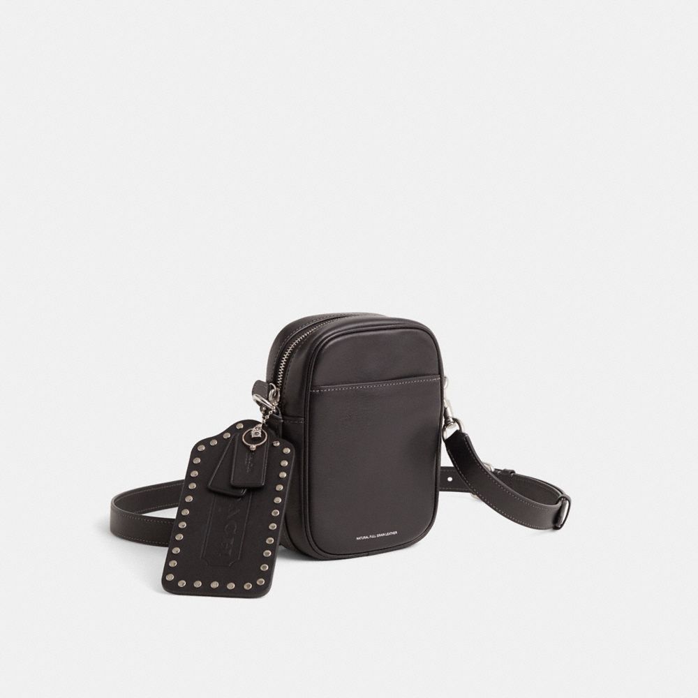 COACH®,Upcrafted Hitch Crossbody,Leather,Crossbody,Plastic,Engraved Detail,Logo,Studded,Silver Metal,Casual,Black,Angle View