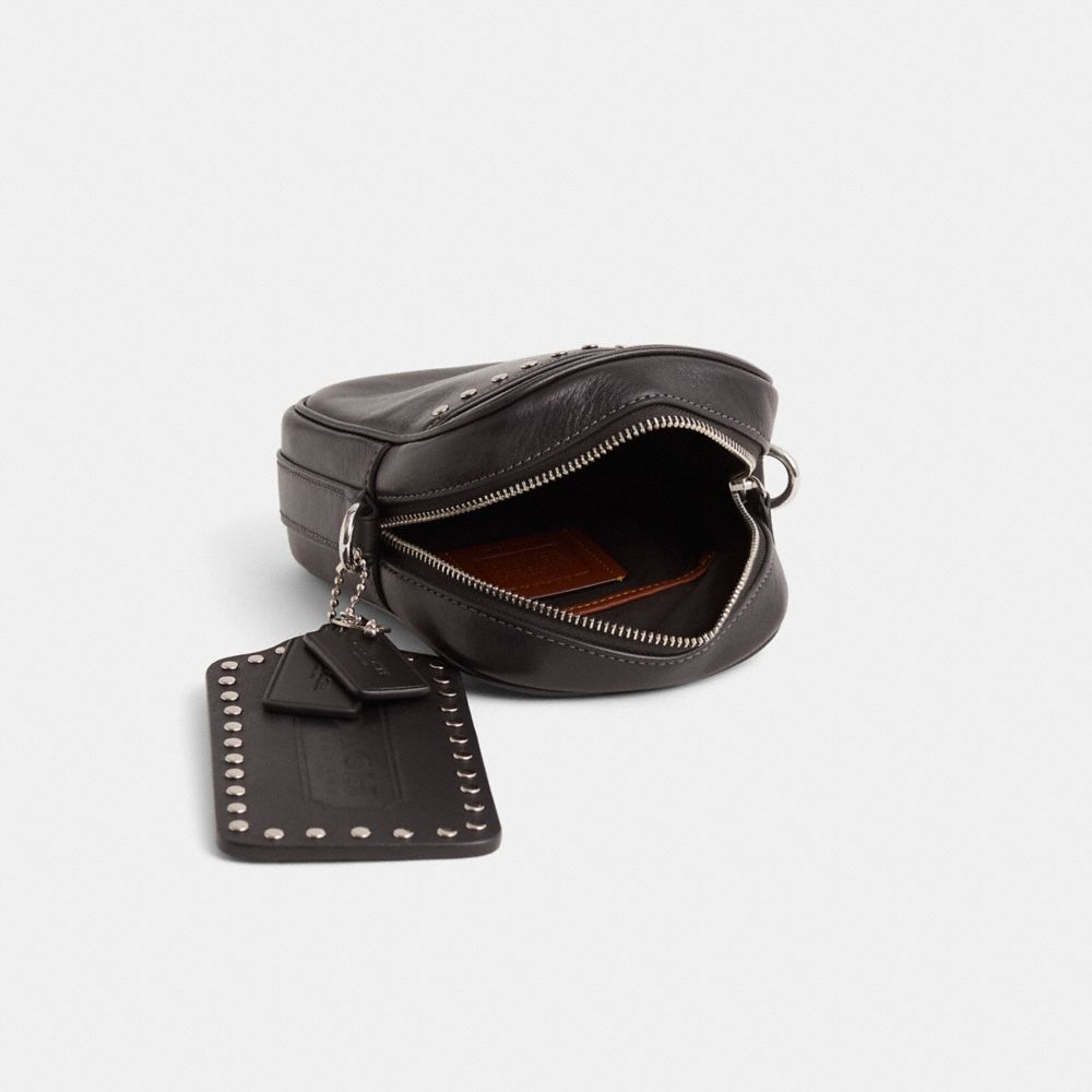 COACH®,Upcrafted Hitch Crossbody,Leather,Crossbody,Plastic,Engraved Detail,Logo,Studded,Silver Metal,Casual,Black,Inside View,Top View