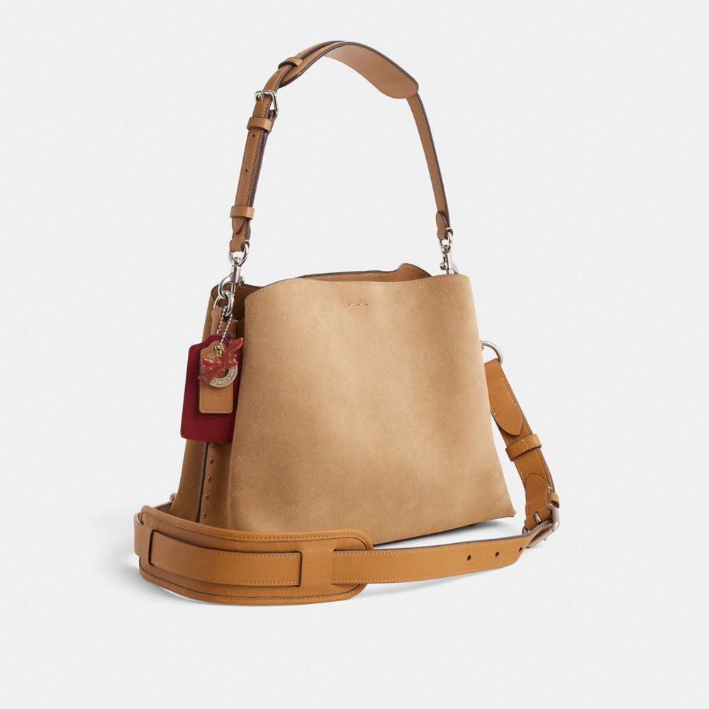 COACH®,Upcrafted Willow Shoulder Bag,Suede,Calfskin Leather,Bucket,Stripe,Studded,Logo,Silver Metal,Casual,Beige,Angle View