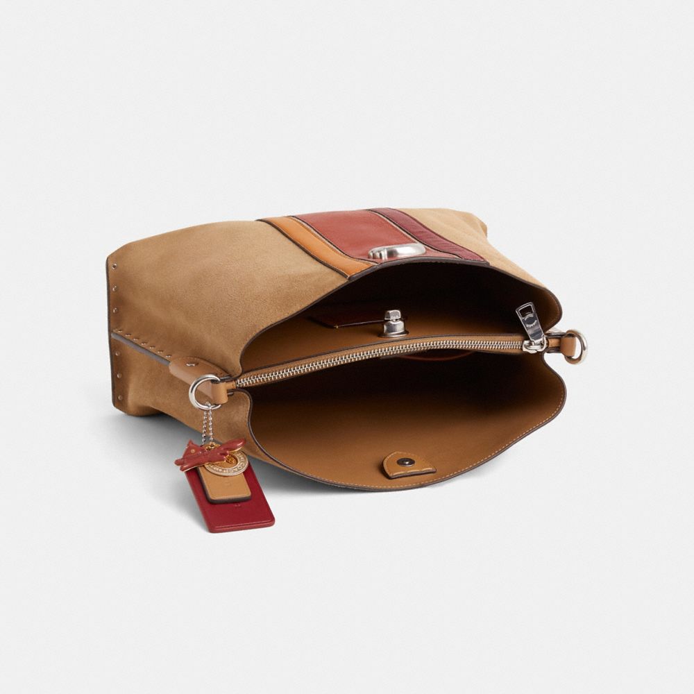 COACH®,Upcrafted Willow Shoulder Bag,Suede,Calfskin Leather,Bucket,Stripe,Studded,Logo,Silver Metal,Casual,Beige,Inside View,Top View