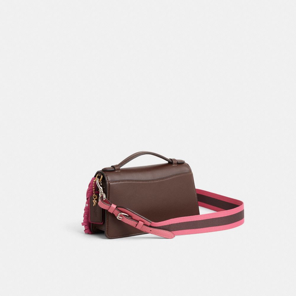 COACH®,Upcrafted Juno Bag,Leather,Satchel,Metal,Logo,Fringe,Gold Metal,Day Party,Red,Angle View