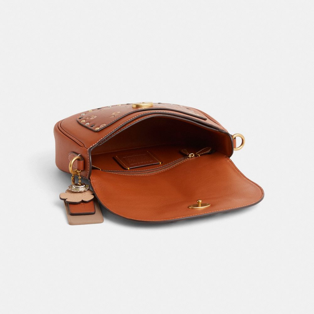 COACH®,Upcrafted Harley Shoulder Bag,Cotton,Leather,Saddle Bag,Pattern,Studded,Metal,Logo,Mixed Metal,Gold Metal,Casual,Brown,Inside View,Top View