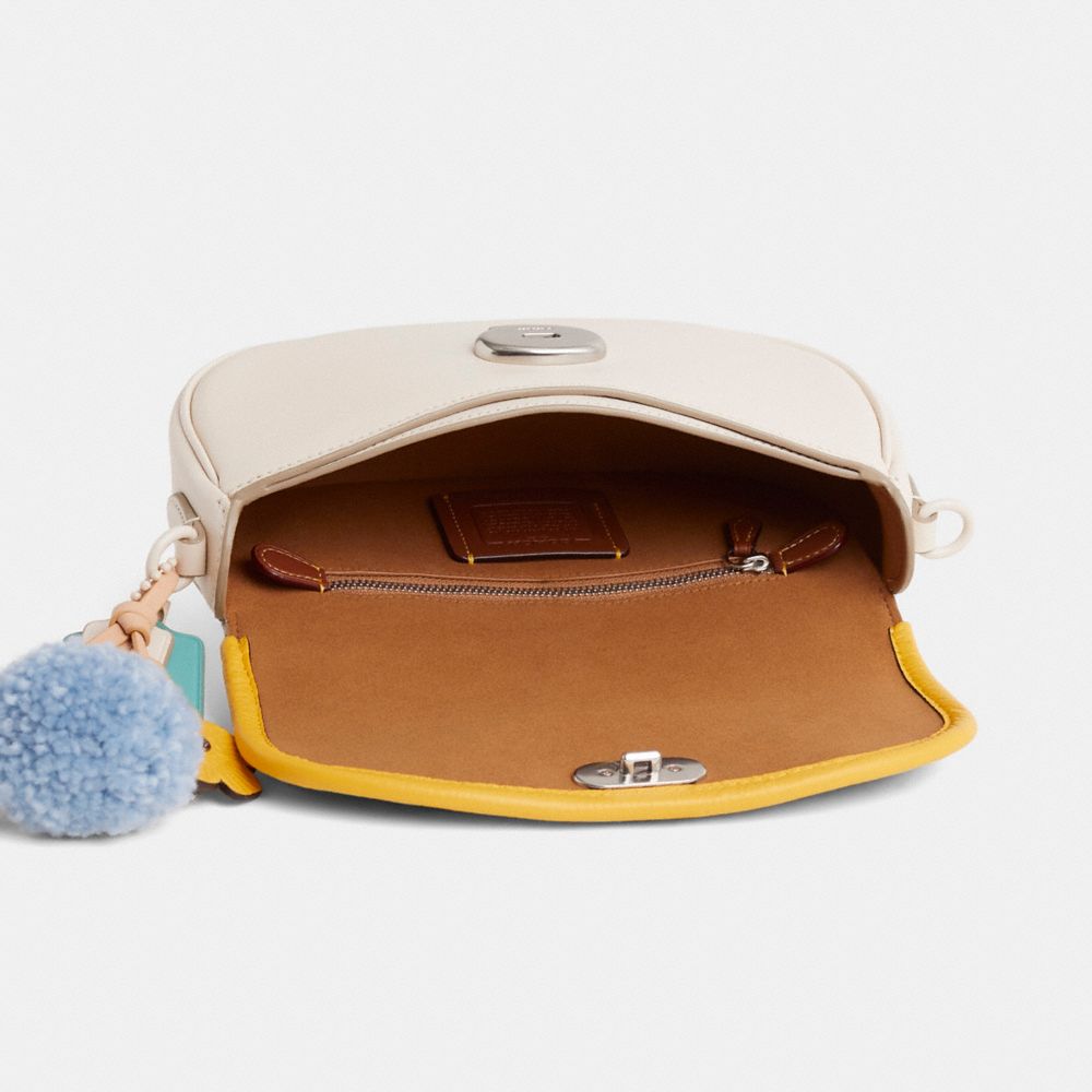 COACH®,Upcrafted Emmy Saddle Bag 23,Leather,Cotton,Saddle Bag,Straw,3D Embellishment,Logo,Pom Pom,Color Block,Metal,Mixed ...,Cream,Inside View,Top View