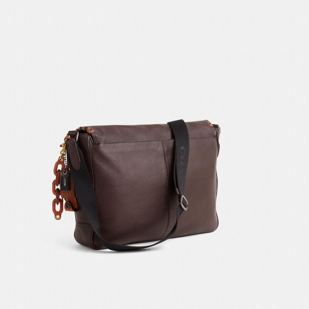COACH®,Upcrafted Metropolitan Soft Courier,Leather,Crossbody,Plastic,Logo,Metal,Chain Detail,Whipstitch,Color Metal,Casual,Brown,Angle View