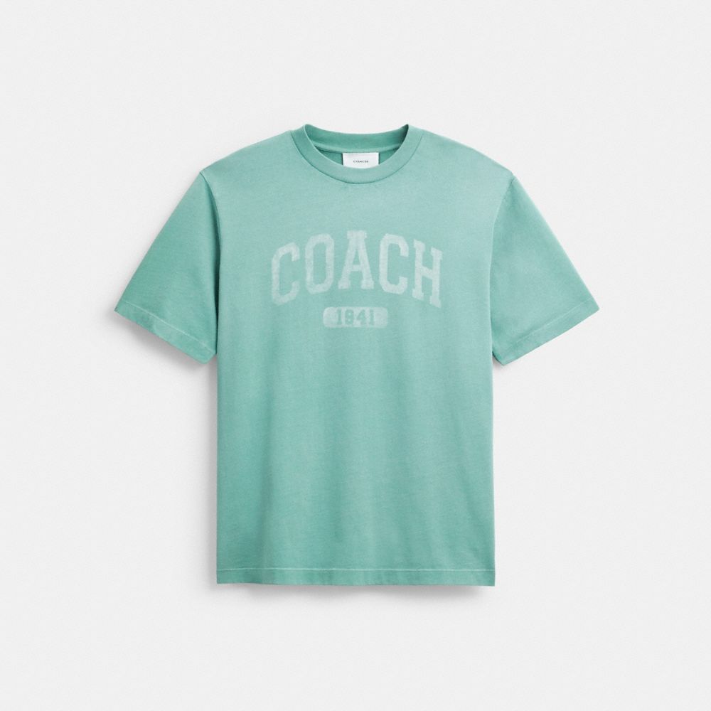 COACH®,Sun Fade Easy T-Shirt In Organic Cotton,Organic Cotton,T Shirt,Logo,Casual,Turquoise,Front View