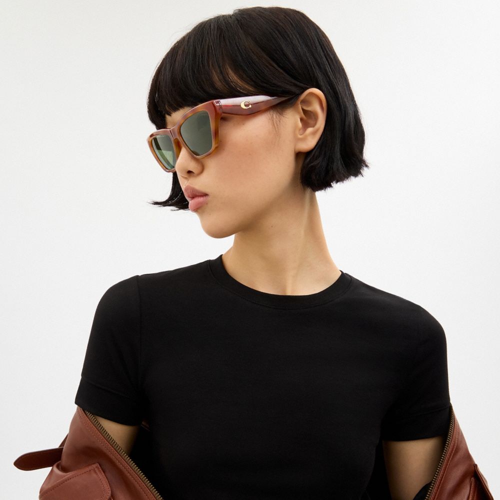 COACH®,C Hardware Cat Eye Sunglasses,Cat Eye,Plastic,Metal,Logo,Integrated Nose Pads,Casual,Olive,Detail View