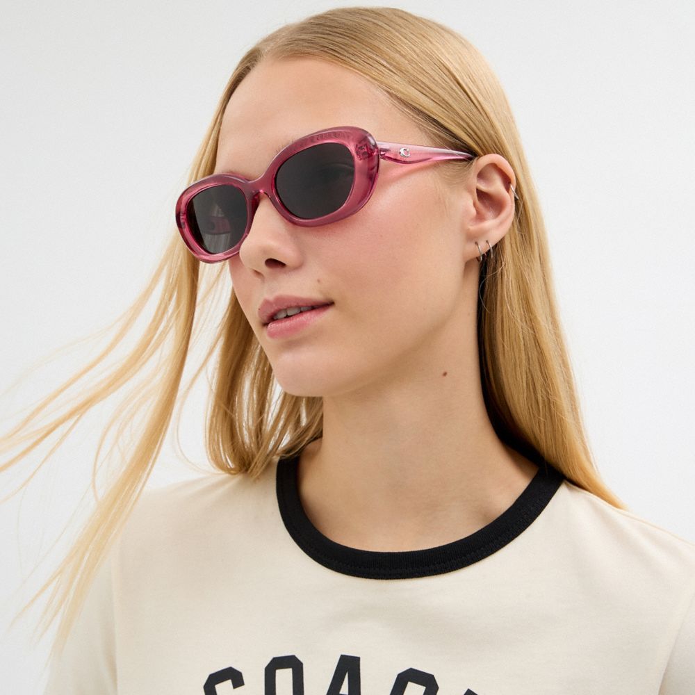 COACH®,C Hardware Round Sunglasses,Cat Eye,Logo,Integrated Nose Pads,Casual,Pink,Detail View