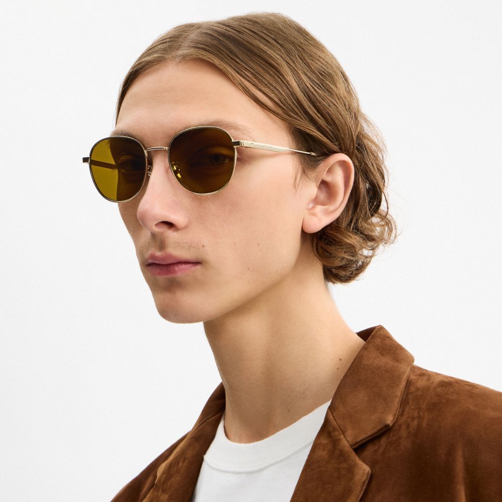 COACH®,Metal Hangtag Round Sunglasses,Round,Metal Material,Casual,Brown,Detail View