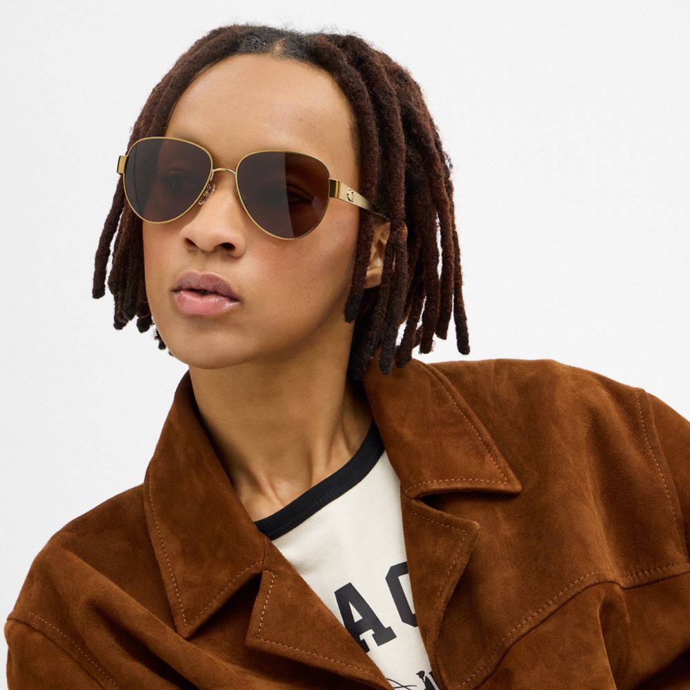 COACH®,C Hardware Metal Pilot Sunglasses,Brown,Detail View