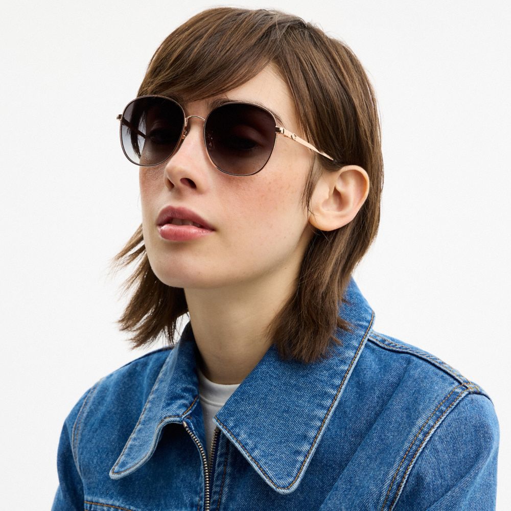 COACH®,C Hardware Metal Round Sunglasses,Round,Metal Material,Logo,Adjustable Nose Pads,Rose Gold Metal,Casual,Gray,Detail View