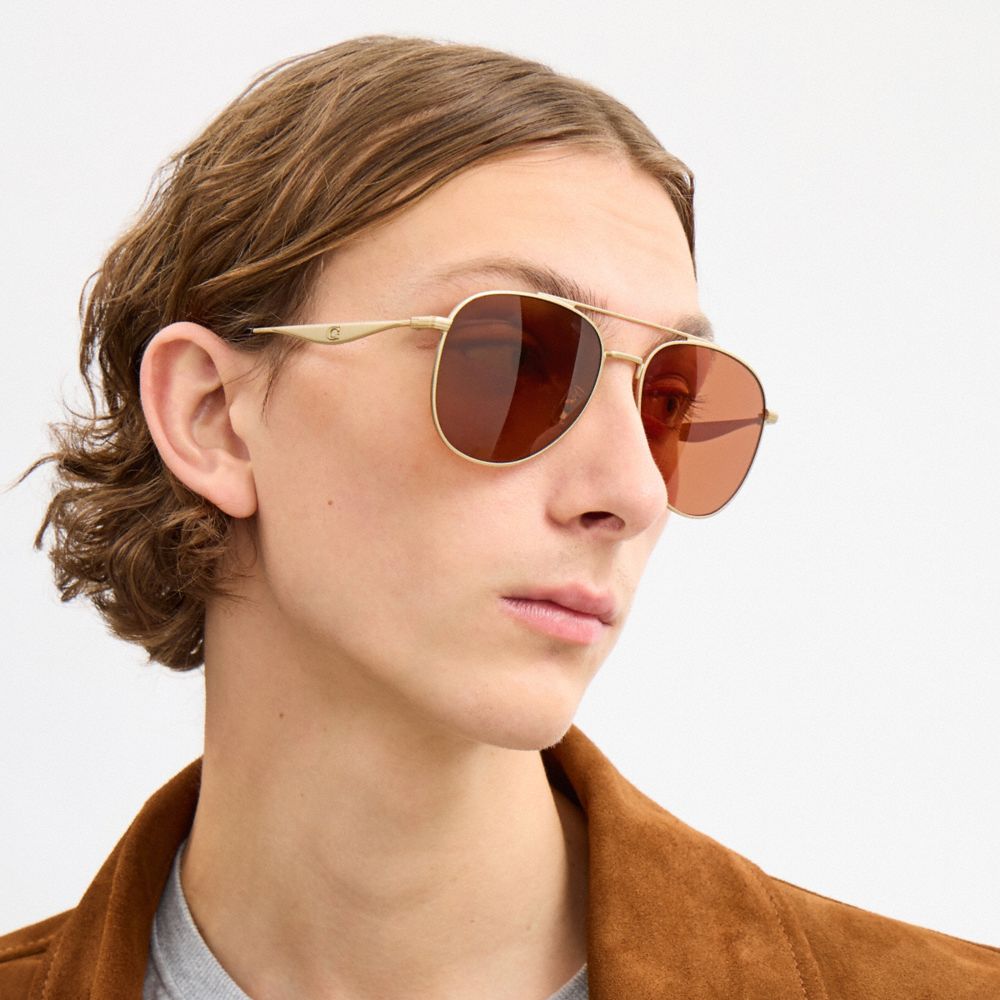 COACH®,C Hardware Metal Pilot Sunglasses,Aviator,Metal Material,Logo,Gold Metal,Casual,Brown,Detail View
