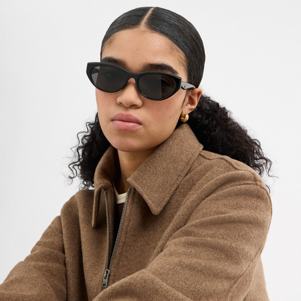 COACH®,C Hardware Oval Cat Eye Sunglasses,Cat Eye,Logo,Metal,Integrated Nose Pads,Casual,Black,Detail View