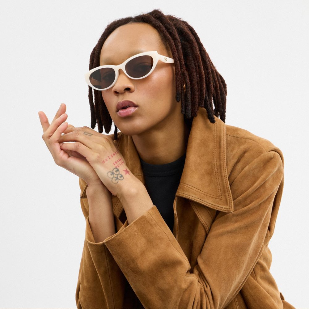 COACH®,C Hardware Oval Cat Eye Sunglasses,Cat Eye,Logo,Metal,Integrated Nose Pads,Casual,Brown,Detail View