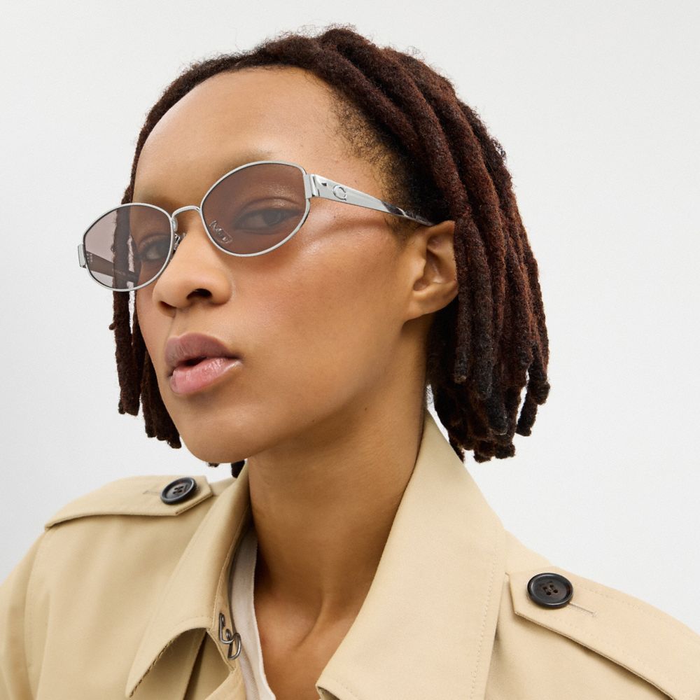 COACH®,C Hardware Metal Narrow Oval Sunglasses,Oval Frame,Logo,Metal,Adjustable Nose Pads,Brow Bar,Silver Metal,Casual,Brown,Detail View