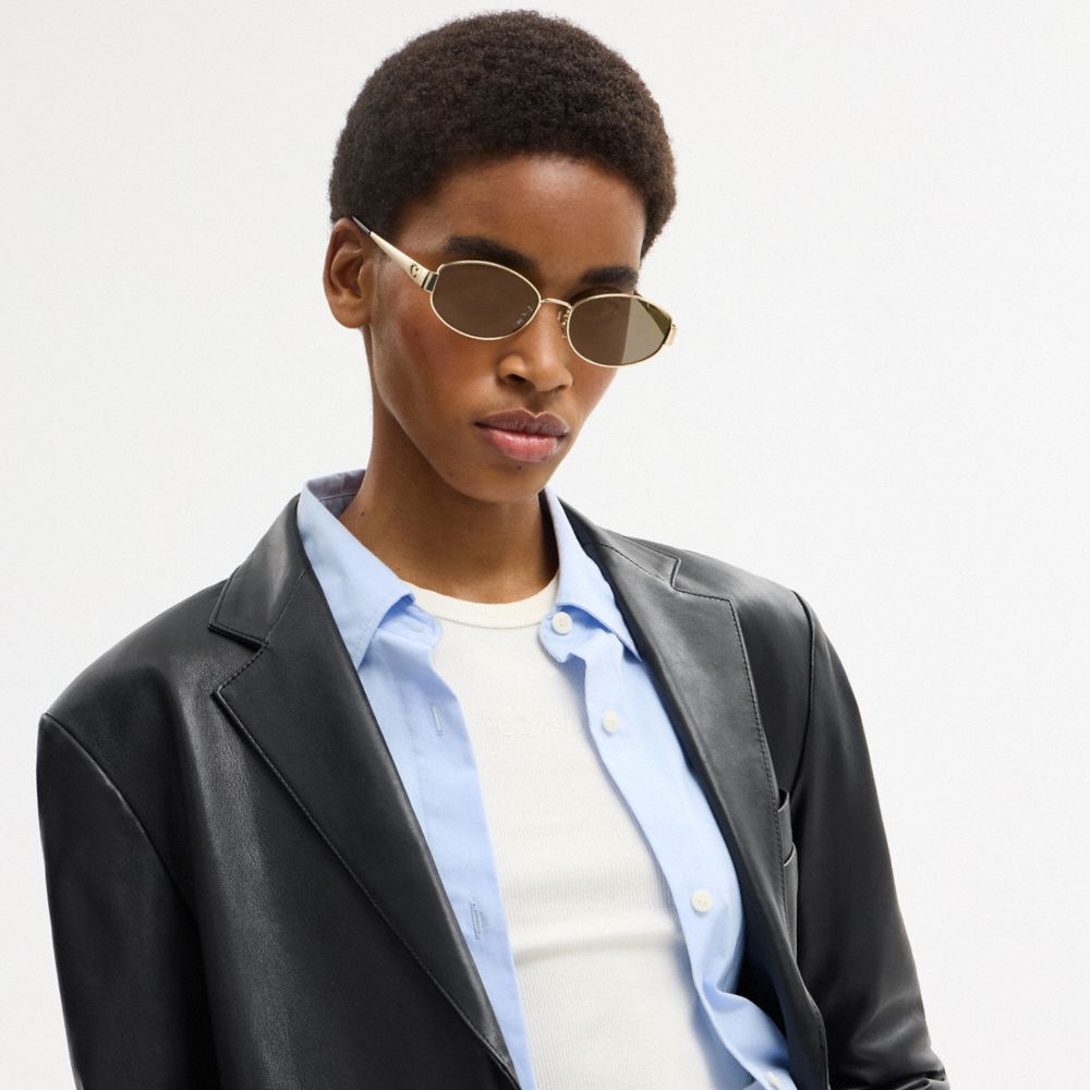 COACH®,C Hardware Metal Narrow Oval Sunglasses,Oval Frame,Logo,Metal,Adjustable Nose Pads,Brow Bar,Silver Metal,Casual,Brown,Detail View