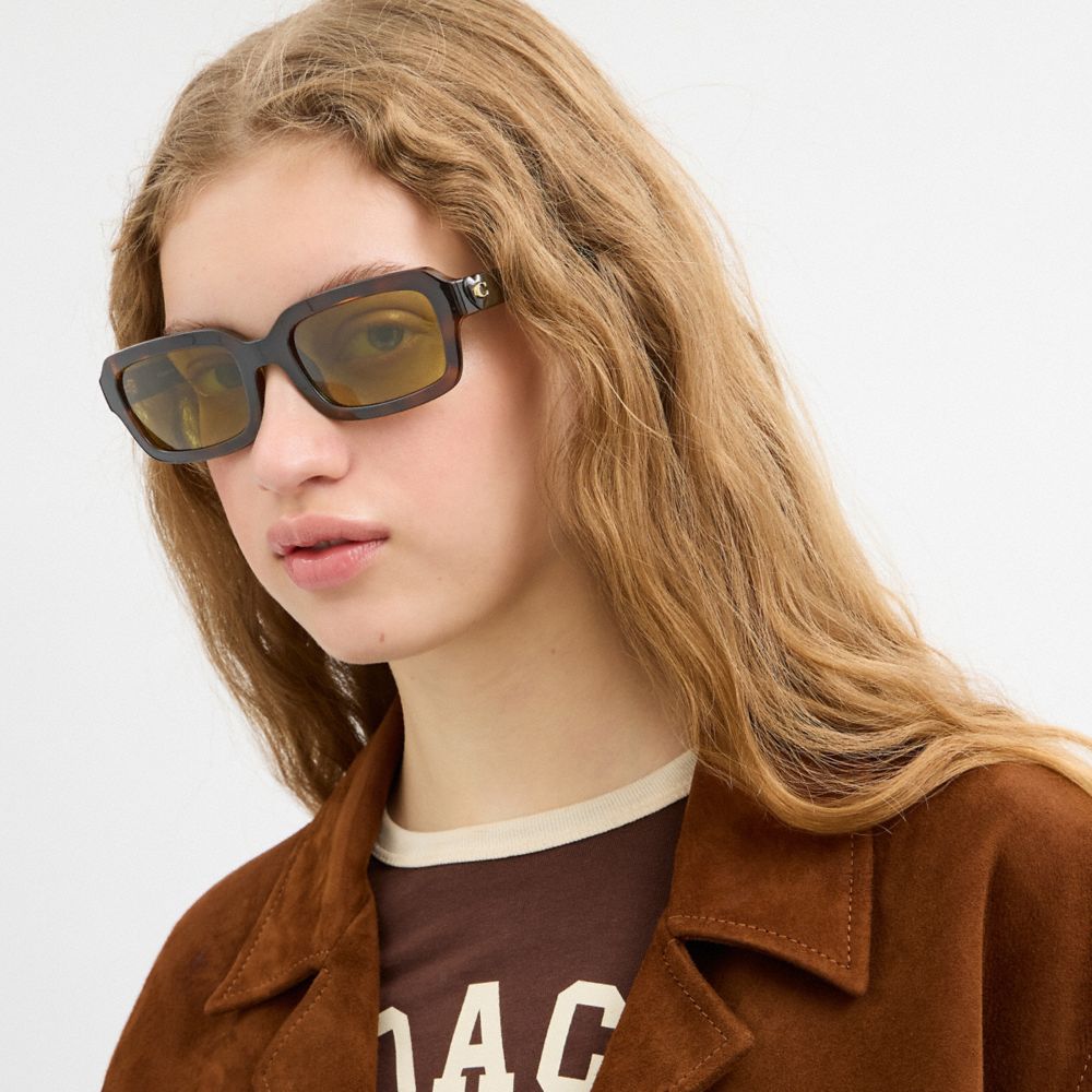 COACH®,C Heart Narrow Square Sunglassses,Rectangle,Acetate,Logo,Metal,Brow Bar,Casual,Green,Detail View