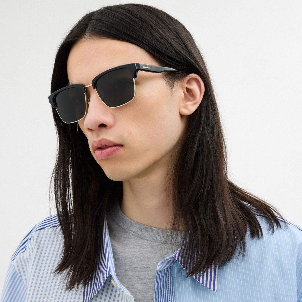 COACH®,Coach Script Square Sunglasses,Clubmaster,Plastic,Metal,Logo,Casual,Black,Detail View