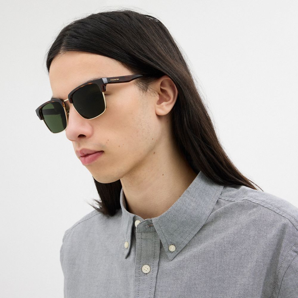 COACH®,Coach Script Square Sunglasses,Clubmaster,Plastic,Metal,Logo,Casual,Green,Detail View