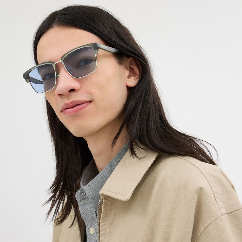 COACH®,Coach Square Sunglasses,Clubmaster,Plastic,Metal,Logo,Casual,Gray,Detail View