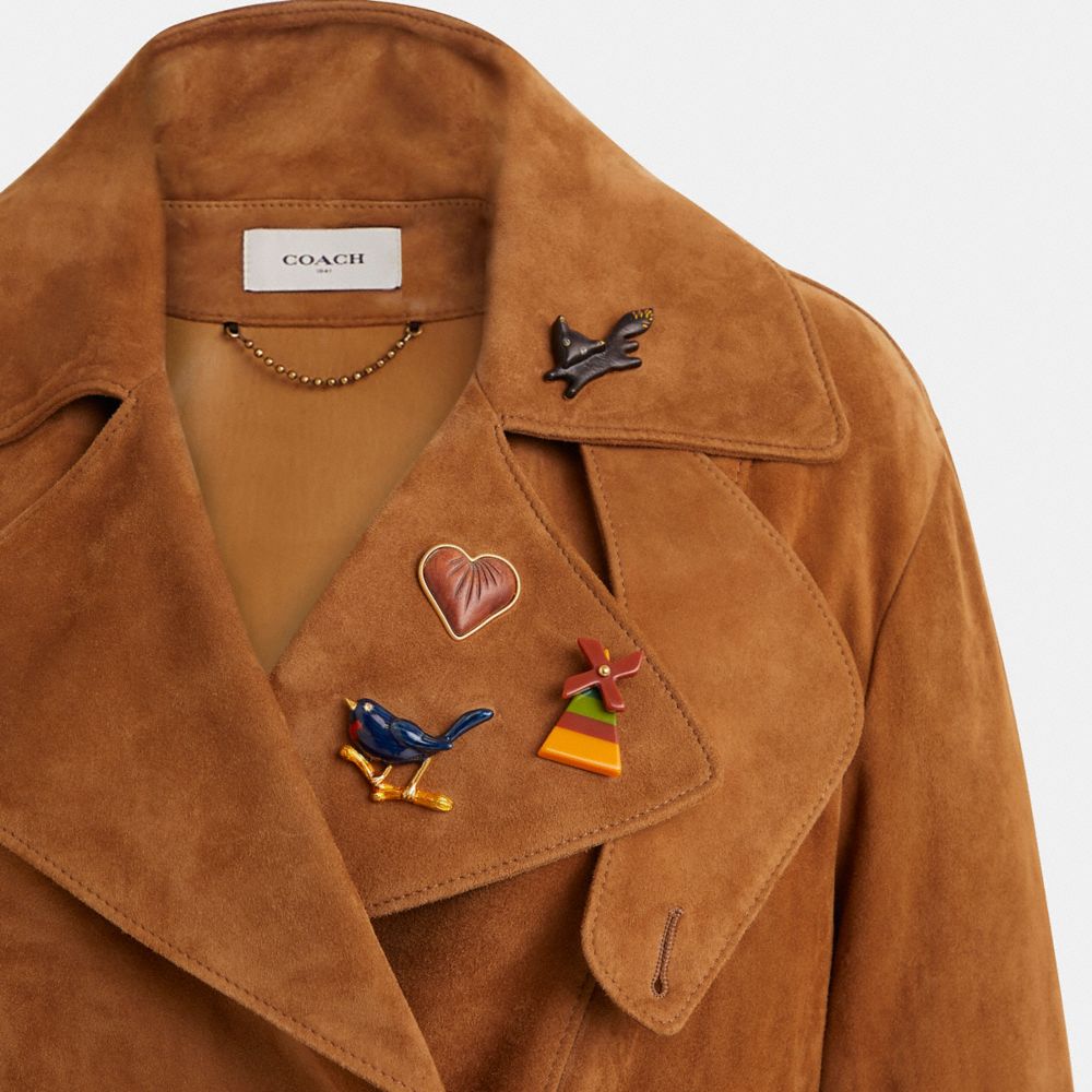 COACH®,Upcrafted Suede Trench Coat,Suede,Trench,Applique,Button,Day Party,Brown,Scale View