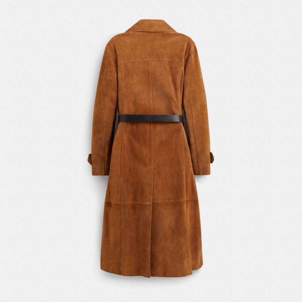 COACH®,Upcrafted Suede Trench Coat,Suede,Trench,Applique,Button,Day Party,Brown,Back View