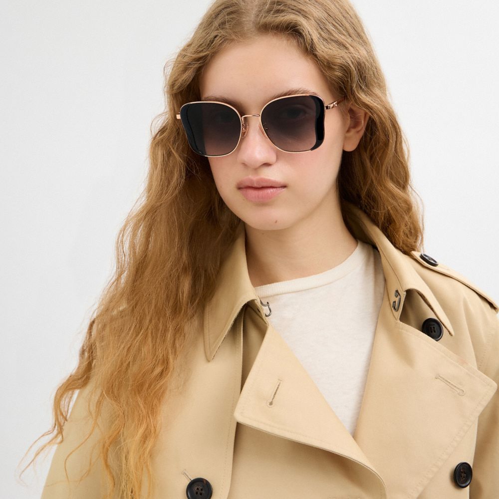 COACH®,C Hardware Metal Butterfly Square Sunglasses,Gray,Detail View