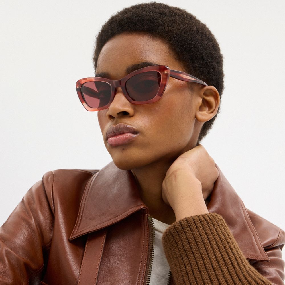 COACH®,LUNETTES DE SOLEIL ŒIL-DE-CHAT CÂBLE,Cerise,Detail View