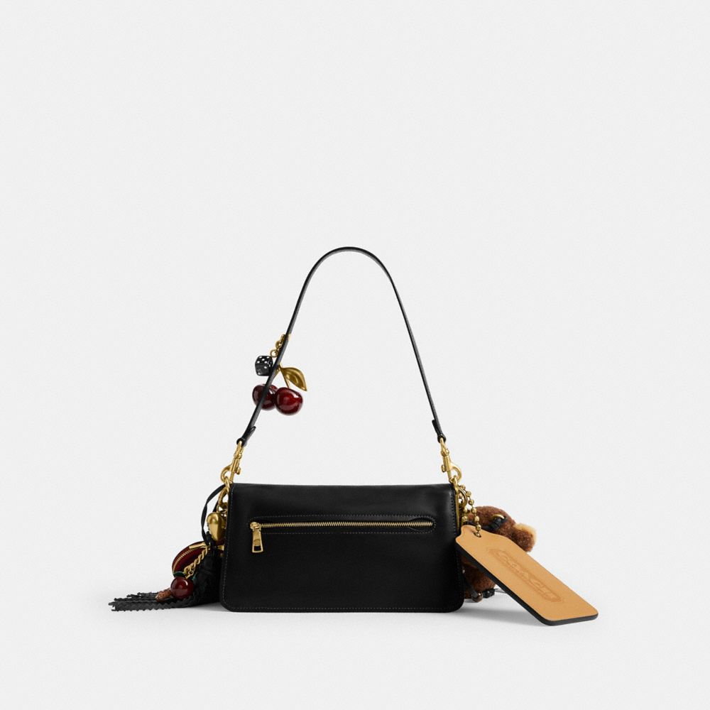 COACH®,Tabby Shoulder Bag 26 With Charms,Leather,Shearling,Shoulder Bag,3D Embellishment,Metal,Tassel,Logo,Pendant,Embelli...,Black,Back View